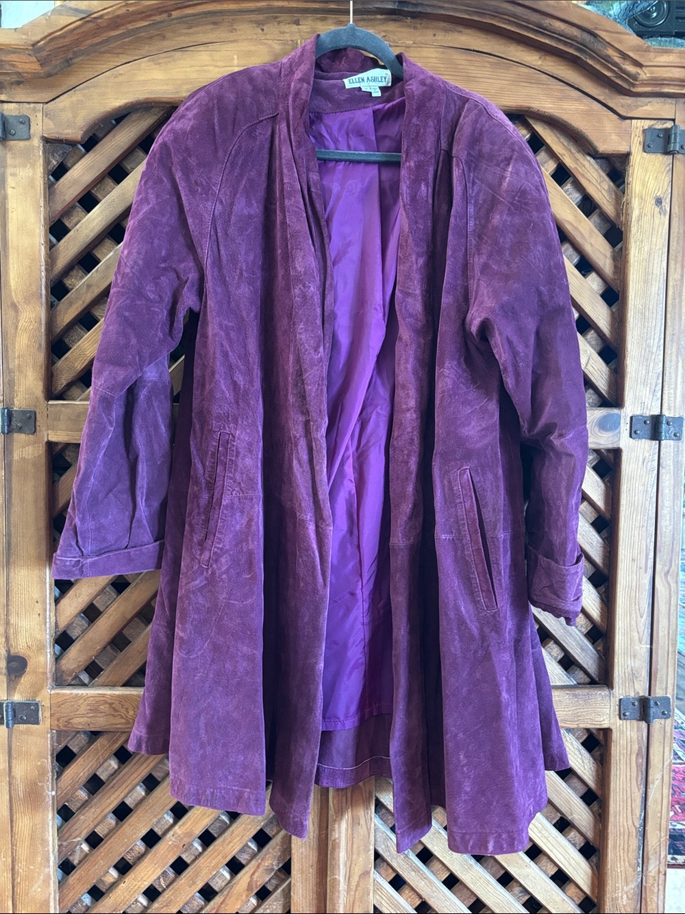 Vintage 80s Purple Suede Leather Swing Trench Coat Poncho Cape oversized M - L